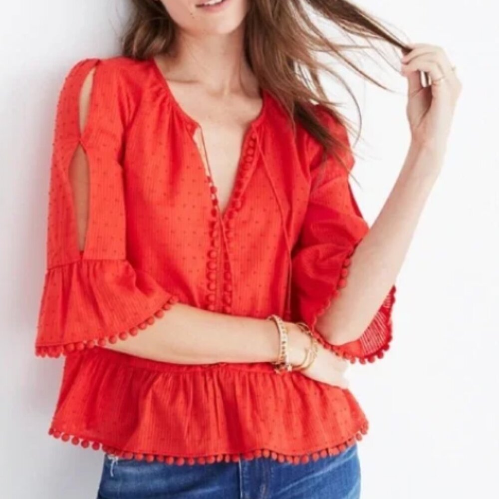 Madewell Red Peekaboo Pom Pom Top